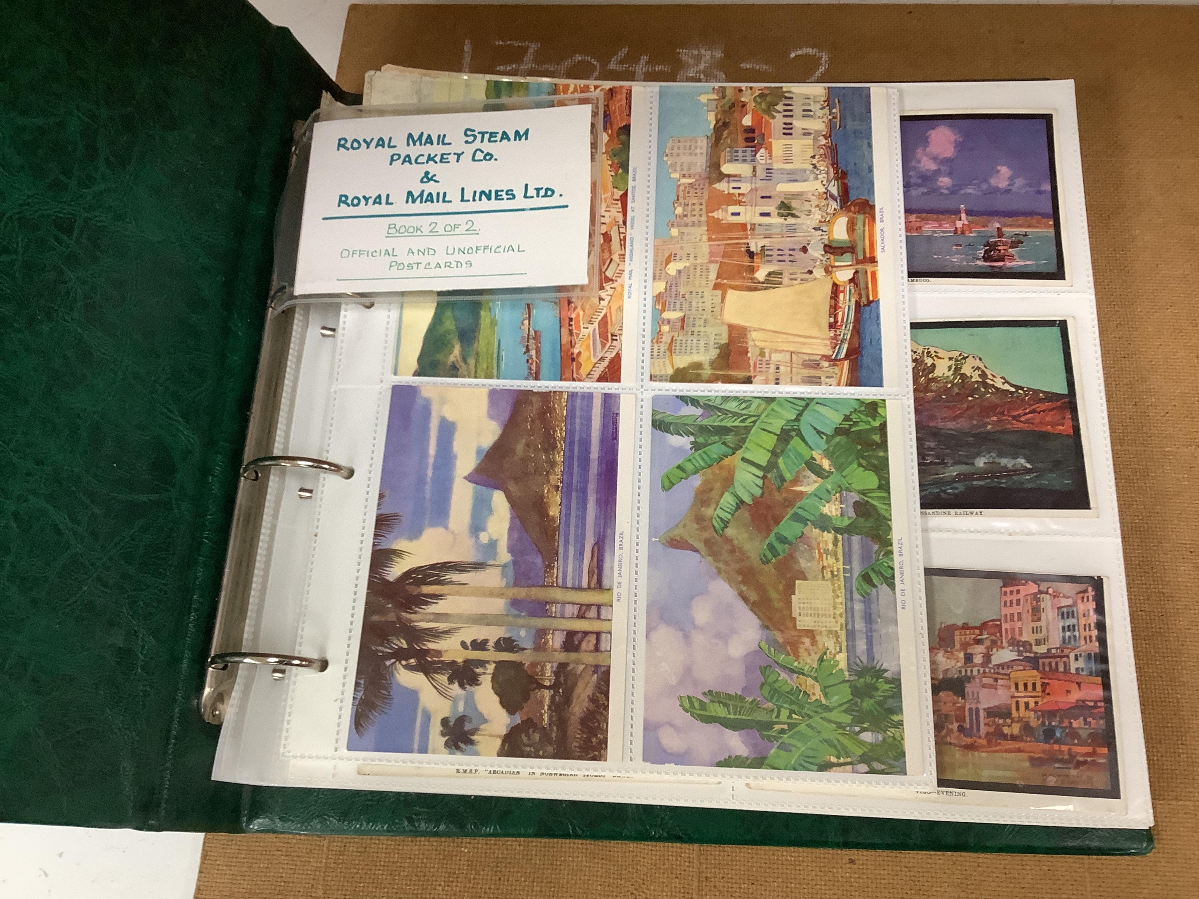 A box and two folders of postcards and a few cigarette cards, mainly relating to the Royal Mail Steam Packet Company and Royal Mail Lines Ltd., including a good quantity of 1930s and later postcards of cruise ships, many